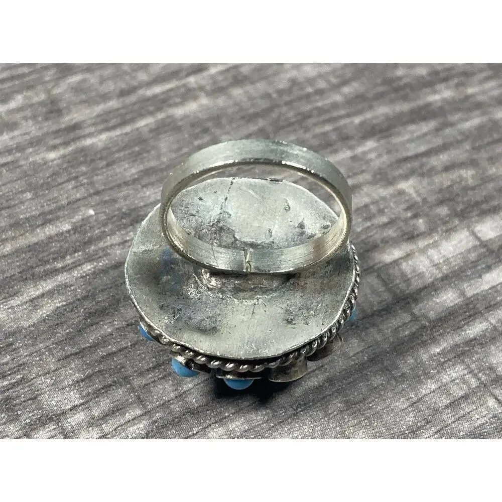 Vintage Atomic Sputnik Ring Blue Cabochon Cluster Silver Tone Size 6